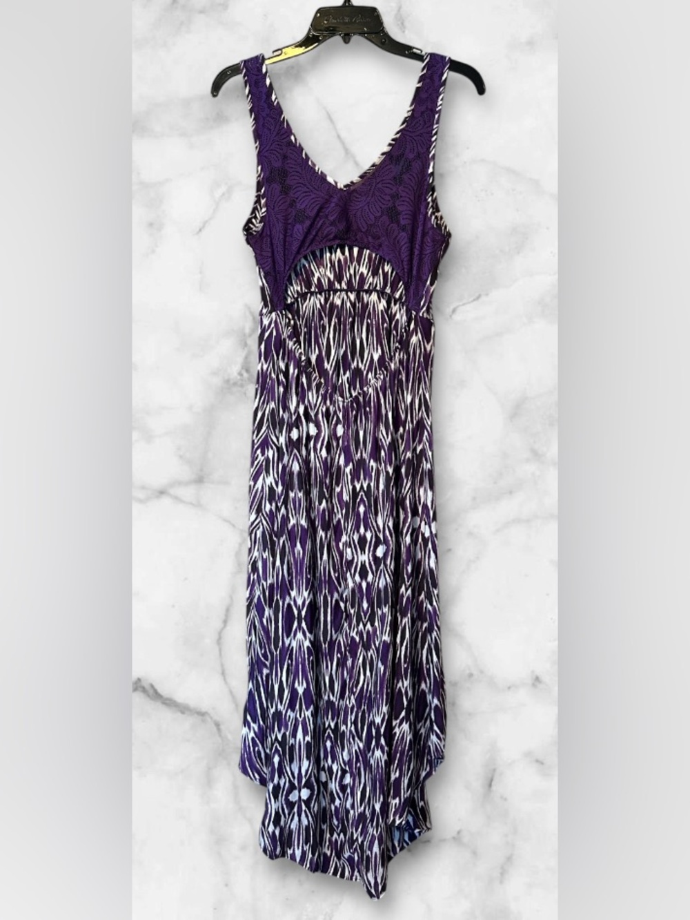 Express High-Low Maxi Dress Purple Ikat Print Lace Back Cutout V-Neck Size M - Picture 5 of 14